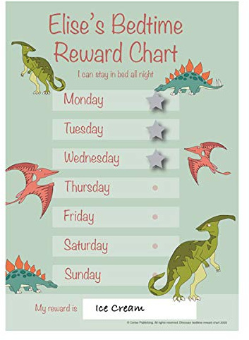 Customisable Boys or Girls Dinosaur Bedtime Reward Chart A4 durable re-usable reward chart with hook and loop fastening stars, for kids & toddlers at home or away. …