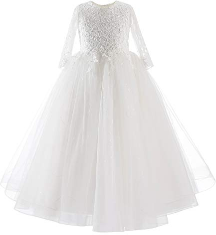 Flower Girl Dress Half Sleeves Lace Top Tulle Skirt Girls Birthday Wedding Party Communion Dresses White Size 10