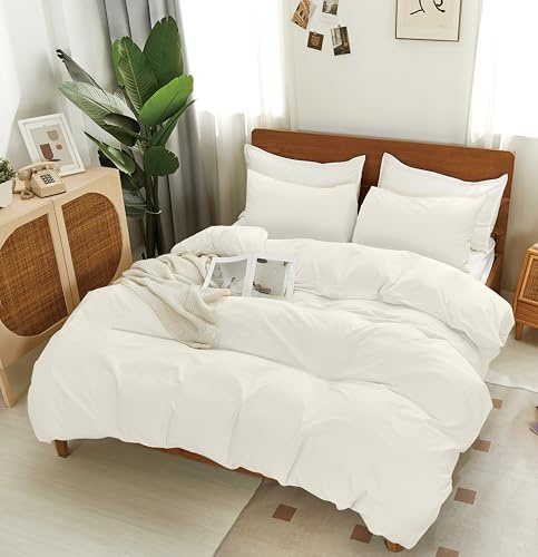 SDAPNAY White Cotton Duvet Cover Queen Set 3 Pieces, 1 Duvet Cover 90x90 (Comforter Not Included) and 2 Pillowcases,4 Ties and Zip Closure, Soft and Breathable, White,Queen
