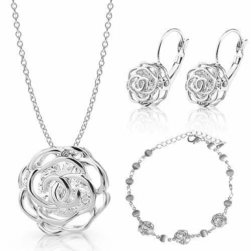 Crystalline Azuria Mujer 18ct Chapado en Oro Blanco Flores Rosas Cristales Juego de joyas Collar Pendientes Pulsera para Mujer Niña Boda Novia y Dama de honor