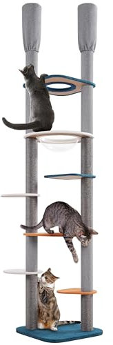 Yaheetech Cat Tree, 6-Tier Floor to Ceiling Cat Tree Tower w/Adjustable Height 241-262cm, Acrylic Clear Bowl, Platform with a Cut-Out Hole, 6 Scratching Posts, Tall Climbing Tree for Cats Family