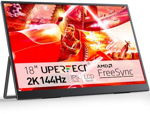UPERFECT Portable Monitor 2K 144Hz 18 Zoll QLED Tragbarer Monitor mit Einem Standfuß, 136% sRGB 100% DCI-P3 16:10 1500:1 500Nits 1Ms, Ultra-dünn Bildschirm für Laptop/PC/Spielkonsole, VESA-Kompatibel