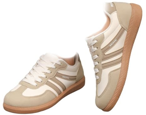 Damen Stilvolle Runde Zehe rutschfeste Freizeitschuhe, Retro Lace Up Fashion Sneakers Trendy Tennisschuh Walking Footwear (Beige,37)