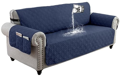 QQJIN 100% Waterproof Sofa Cover 3 Seater, Non-Slip Sofa Slipcover with 6 Side Pocket, Sofa Protector with Adjustable Elastic Strap for Kids, Dogs,Navy Blue,3 Seater
