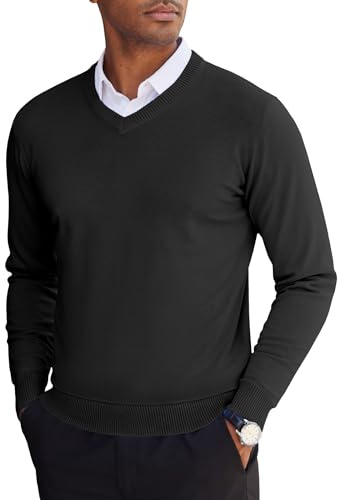COOFANDY Mens Jumper V Neck Knit Sweater Long Sleeve Winter Jumper Pullover Smart Casual Jumpers Regular Fit Knitwear Black XL