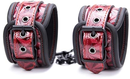 Black and Red Glossy Leather 3D Diamond Pattern Handcuffs and Footcuffs with Buckle Design, Adjustable Tightness-UKRB95 (Red, Handcuffs)