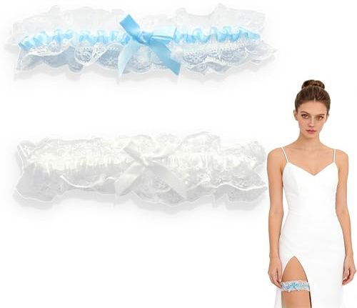 HattusaShield 2 Piezas Liga de Novia, Ligas de Encaje Azul Blanco, Ligas de Boda para Eelástica Novias Liga, para Fiesta, Compromiso, Despedida de Soltera