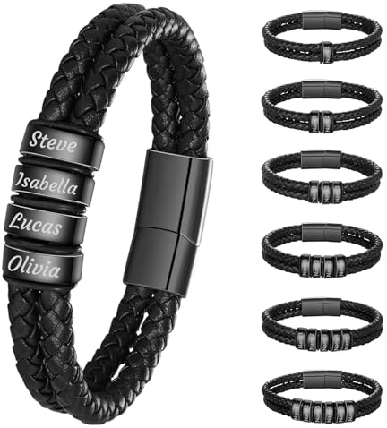 Pulseras de Cuero Trenzadas Personalizadas Pulsera de Cuero a Medida con 1-6 Nombres Grabados para Hombres para Navidad Día de San Valentín Día del Padre Cumpleaños Aniversario de Boda (Negro puro)