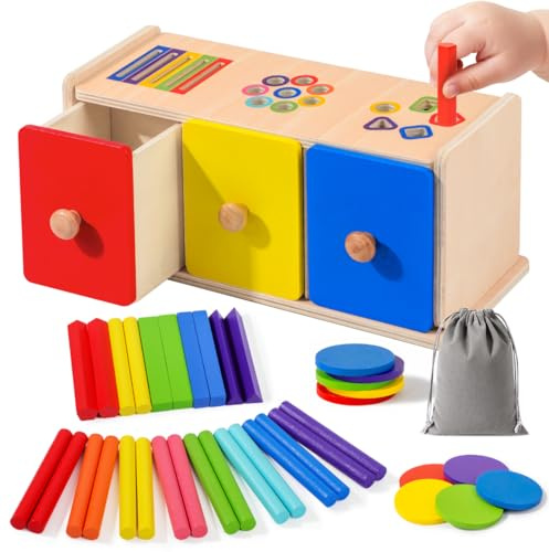 Viosmut Toddler Montessori Toys for 1 2 3 Years Old, 3-In-1 Kids Wooden Color Shape Sorting Sensory Toys for Ages 1-3, Educational Fine Motor Skills Sensory Learning Toy for Baby Boys Girls Gifts