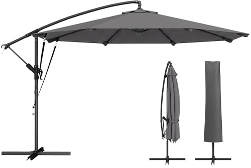 Outsunny Parasol Excéntrico, Ø300 cm, Sombrilla de Jardín con Base Cruzada, Manivela, Funda Protectora y Cuerdas de Viento, UPF30+, para Terraza, Patio, Gris Oscuro
