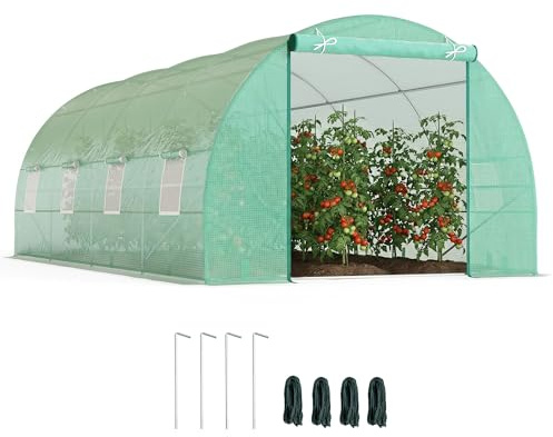Outsunny Invernadero de Túnel 600x300x200 cm Invernadero de Jardín con Puerta Enrollable 8 Ventanas Cubierta PE 140g/m² y Tubo de Acero para Cultivos Plantas Verduras Verde