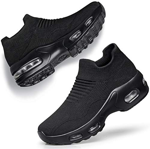 DOUSSPRT Womens Walking Sneakers Slip on Sock Shoes Mesh Air Cushion Platform Workout Tennis Loafers Fashion Casual 002 allblack US Size 11