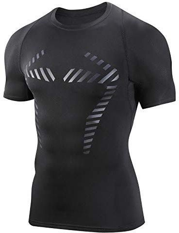 AMZSPORT Herren Kompressionsshirt Kurzarm Funktionsshirt Atmungsaktives Sportshirt Laufshirt，Schwarz L