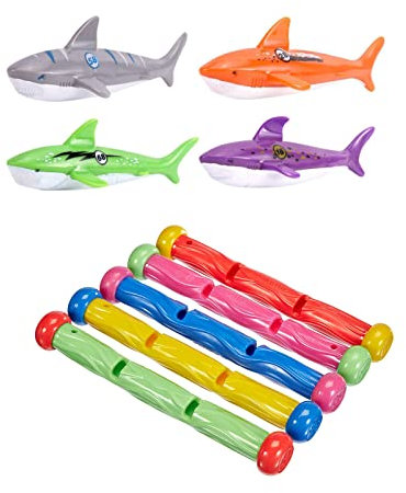 TOPWAYS® Schwimmbad-Tauchspielzeug für Kinder, enthält 5 Unterwasser-Tauchstäbe, 4 Stück Wurfhai, Schwimmbad-Spielzeug