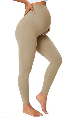 BAYDI Nudi Leggings opacos para maternidad, cintura alta, pantalones de maternidad para mujer, pantalones largos elásticos para embarazadas, caqui, M