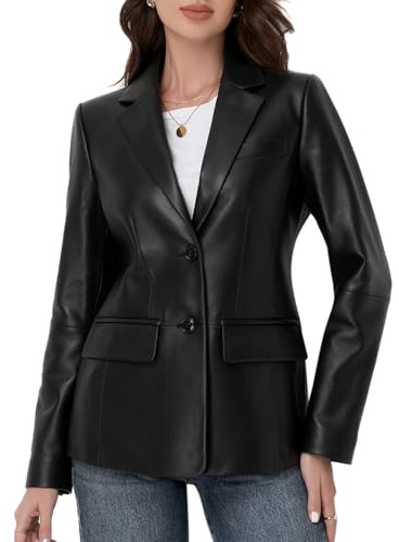 SILVER FASHIONS Lambskin Leather Jacket Women,Long Sleeve Button Front Leather Blazer,Notched Lapel Casual Style,Vent Detail (Large,Black)