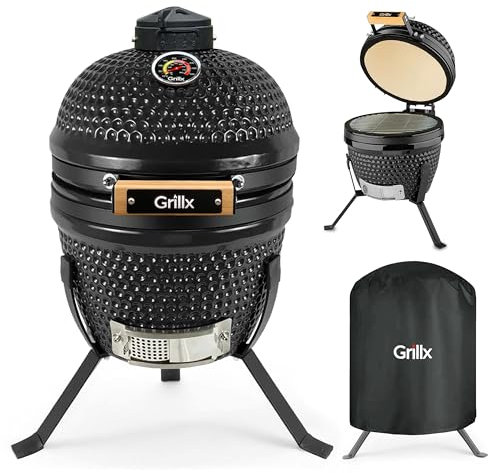 GrillX Kamado BBQ - 13 Pouces - Housse Incluse - Œuf de Barbecue - Barbecue au Charbon de Bois - Noir - Ø 27cm