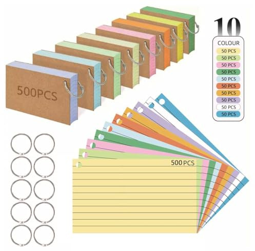 500 st linjerade indexkort revisionskort med pärmring kraftpapper anteckningskort fodrade indexkort för kontor skola hem studiepost 5 x 3 tum (500)