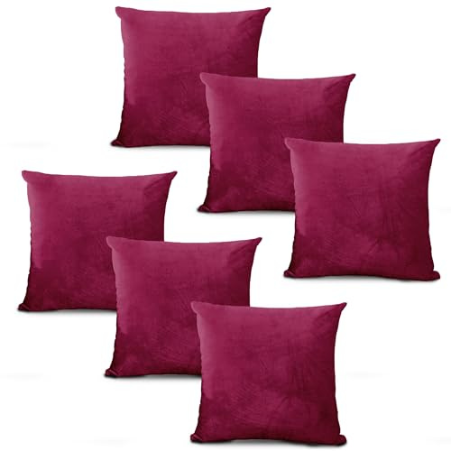 Hafaa Velvet Cushions with Covers Included Sets 12 (6 Burgundy Cushion Covers, 6 Cushion Inserts 45cm x 45cm) Luxury Decorative Fluffy Square Throw Pillow Case Sofa Cushion with Invisible Zipper