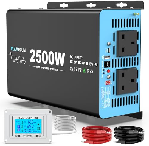 FLAMEZUM 2500w Pure Sine Wave Power Inverter DC 12V to AC 240V Voltage Converter with 2 AC Outlets,1 USB-A Port,1 USB-C Port,LCD Remote Control,for Motorhomes,Trucks,Boats,Camping