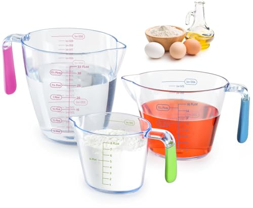Measuring Cups Set, 3-Piece Clear Plastic Liquid Measuring Cups with OZ & ML Multiple Measurement Scale for Kitchen Cooking Baking, Essential Kitchen Tools