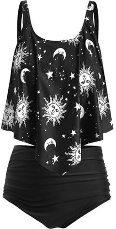 JMSUN Traje de baño tankini de cintura alta con volantes y sol y estrellas para mujer