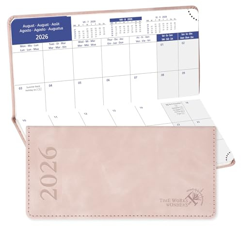 POPRUN Agenda Mensual de Bolsillo 2026, 17.4 x 8.3 cm, Cubierta de Cuero PU, 12 Meses: Ene. 2026 a Dic. 2026, 2 Páginas por mes, 80 GSM Papel EU EU, Rosa Pálido