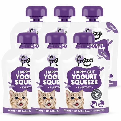 Frozzys Cat Yogurt Squeeze | Healthy, Lickable Cat Treat | 0% Fat, No Added Sugar, Lactose Free Cat Milk Yogurt Treat | Prebiotic Yoghurt for Cat Food, Lick Mats & Enrichment Toys | 6 x 85g Pouches