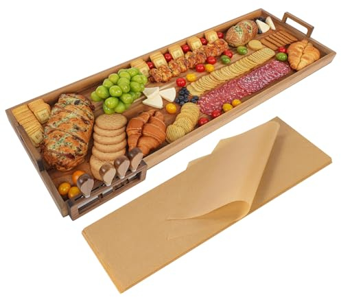 Young Speeds Large Charcuterie Board with Cheese Knife Set,36 x 12 Inch Acacia Wood Large Serving Tray with Handles,Long Wooden Serving Board with 30Pcs Wax Paper,3ft Extra Long Cheese Board