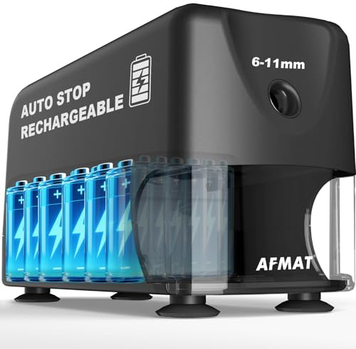 AFMAT Heavy Duty Electric Pencil Sharpener, Auto Stop Classroom Rechargeable Pencil Sharpener with Container for 6-11mm No.2/Colored Pencils, Standard/Large Pencils, Fast Sharpen in 3s, Black PSD3