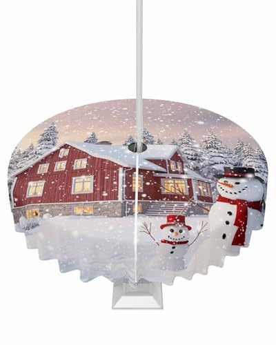 Christmas Outdoor Tablecloth with Umbrella Hole and Zipper Snowman Hut Round Tablecloths 54 Inch Waterproof Xmas Tree Snowscape Patio Table Cloth Cover for Outdoor Tables Picnic BBQS Garden Party