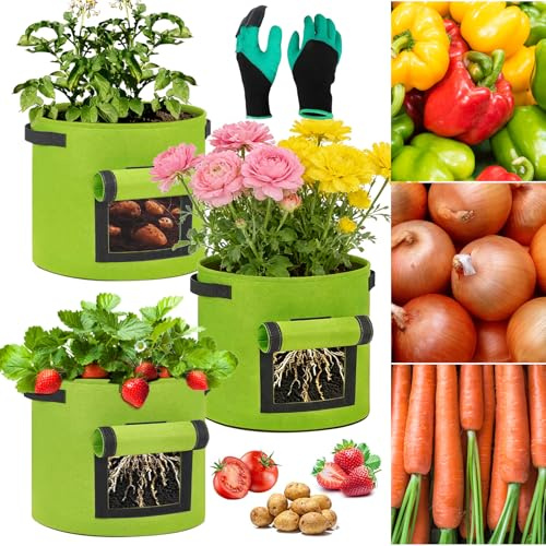 Powmag 3 bolsas para plantas de 40 l, de tela no tejida, para balcón, terraza y jardín, con guantes de jardín (verde (7 galones)