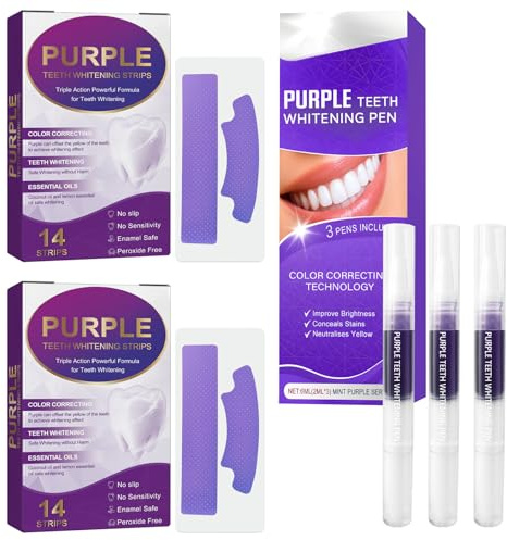 28 Piezas Purple Whitening Strips (Para 14 Aplicaciones), Tiras Blanqueadoras Dientes Morado, 3 Piezas Lapiz Blanqueador Dental, Elimina Rápidamente La Decoloración, No Daña El Esmalte Dental