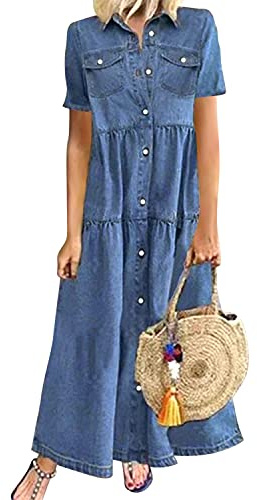 Womens Summer Short Sleeve Button Down Long Denim Dress Casual Loose Fit Maxi Shirt Dress with Pockets(UK 18/Tag 3XL) Dark Blue