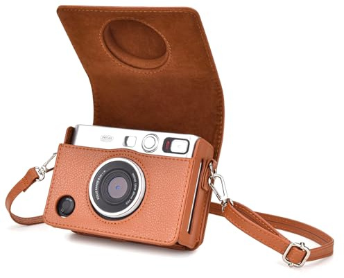 Rieibi Mini Evo kameraväska, vintage PU-läderfodral för Fujifilm Fuji Instax Mini Evo omedelbar kamera med avtagbar axelrem, texturerad brun 1, horisontell