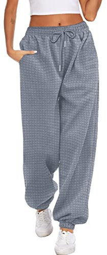 Hotouch Joggingbyxor, dam, varmt våffelmönster, tygbyxor, långa, elastiska, hög midja, vintersweatpants med fickor, S–XXL