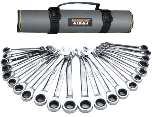 AIRAJ 22 PCS Ratcheting Wrench Set, SAE 1/4-3/4 Inch & 6-18 Mm, Standard Combination Ratchet Wrenches Set for Car Repair and Household Equipment Repair, Chrome Vanadium Steel, Portable Handbag