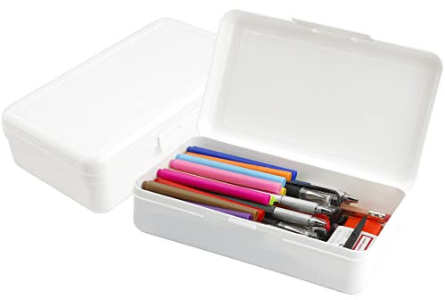 BOEIAC Plastic Pencil Box, Large Capacity, Snap-tight Lid, Stackable Design, White, Office Supplies