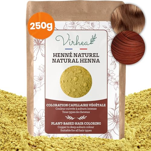 VIRHEA® Henné Naturel 250 g (Auburn et Cuivré) – Coloration Végétale Cheveux – Soin Brillance, Vitalité & Volume, Anti-Pelliculaire – Henné pour Tatouage Main, 100% Naturel – Emballage refermable