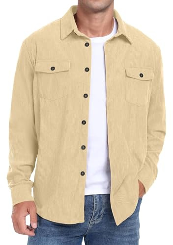QIXING Men's Corduroy Shacket Jacket Long Sleeve, Apricot, XXL