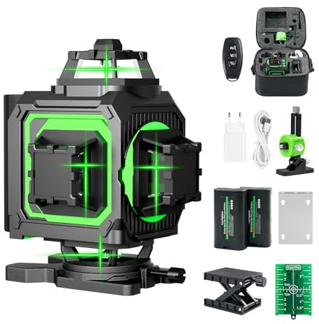 Kreuzlinienlaser, Kroosim 4 x 360° Laser Wasserwaage Selbstnivellierend, 16 Linien Linienlaser mit 2x4000 mAh Batterien, Laser Nivelliergerät für Innen Baustelle