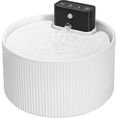 Feriva Fuente para gatos de cerámica, recargable, funciona con pilas, 4000 mAh, 2,2 L, con detector de movimiento, filtración múltiple, cuenco para gatos y perros, muy silenciosa