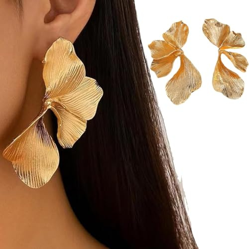 XENQITO 1 Paires Boucles D'oreilles Femme Fleur, Grosses Boucle D'oreilles Or, Élégant Earrings Fleurs en Forme D'éventail, Exquis Earrings Dorado en Métal Hypoallergénique Bijoux pour Filles