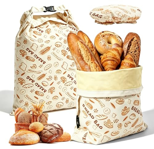 Keltorio 2 bolsas de pan de cera de abejas, 32 x 42 cm, reutilizables, de algodón, con tapa de cuenco de 18 cm, banda elástica y mosquetón para hornear, pan, productos horneados