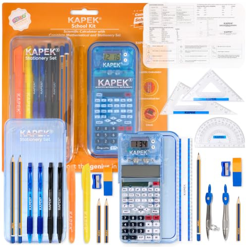 KAPEK skolkit paket – vetenskaplig miniräknare, komplett matematikset och brevpapper kit | 30 delar studentstudieset med kompass, gradskiva, pennor, pennor och överstrykningspennor