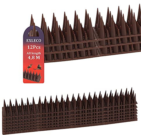 EXLECO Vogelabwehr aus Kunststoff 4,8 Meter, 12Pcs Taubenabwehr 3 Reihig Länger Vogel Spikes für Katze, Spatzen, Marder, Zaun, Fensterbank, Dach | Braun