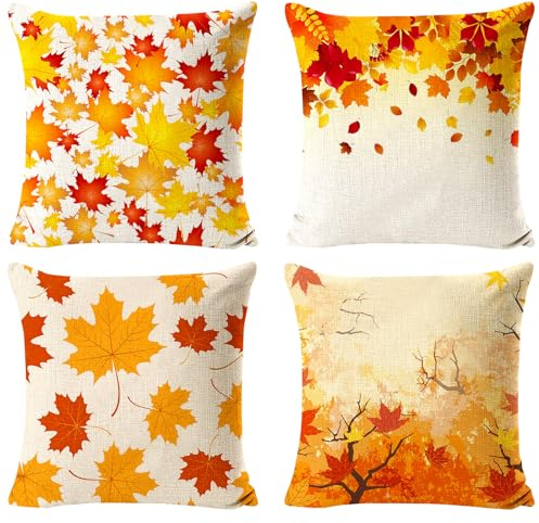 Leonshco Funda Cojín Acción de Gracias - Fundas de Cojines Otoñales Decorativos - Fundas Cojines 45x45cm para Sofá - Estilo Otoñal con Diseño de Lino - Set de 4 Fundas de Almohada Otoñales
