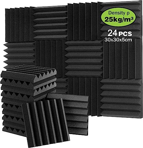 24 Pack Set Acoustic Foam Panels, 2 x 12 x 12 Sound Proofing Panel, Foneso Acoustic Wall Panels, Black Sound Absorbing Panel for Studio/Podcast Recording/Playrooms/Offices (Wedge Tiles)