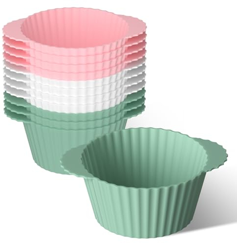 BREANIFULL 12 pirottini in silicone, 7,5 x 5,4 x 3 cm, per friggitrice ad aria, grandi pirottini per muffin Air Fryer Eggs Ramekins Must Have per friggere ad aria, rosa + grigio + blu