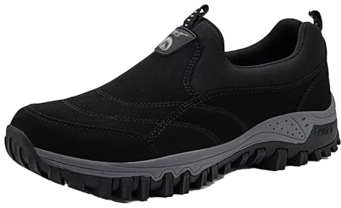 AEHO Chaussure pour Pied Gonflé de Marche Homme sans Lacets Baskets de Randonnée en Plein air orthopédiques à Enfiler en Cuir Suédé Chaussures de Trail Antidérapantes et Large,Noir,45/275mm